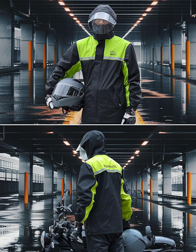 KEMIMOTO Rain Suit for Men, Motorcycle Rain Gear Waterproof Protective Rain Coat with Pants 2 Pieces Rainsuit Breathable Outdoor Fashion Green XL