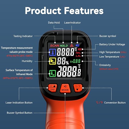 Infrared Thermometer Gun, -58°F to 2732°F, Dual-Mode 50:1 | 932°F K-Type Probe Included，Protective Tool Case Included，Industrial HVAC & Equipment Diagnostics
