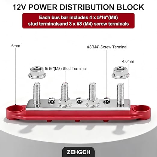 400A Bus Bar 12V Power Distribution Block with 5/16" Studs,Marine Battery Bus Bar Terminal Block Positive & Negative for Automotive Car Boat Solar System (400A 4 x 5/16"(M8) Studs)
