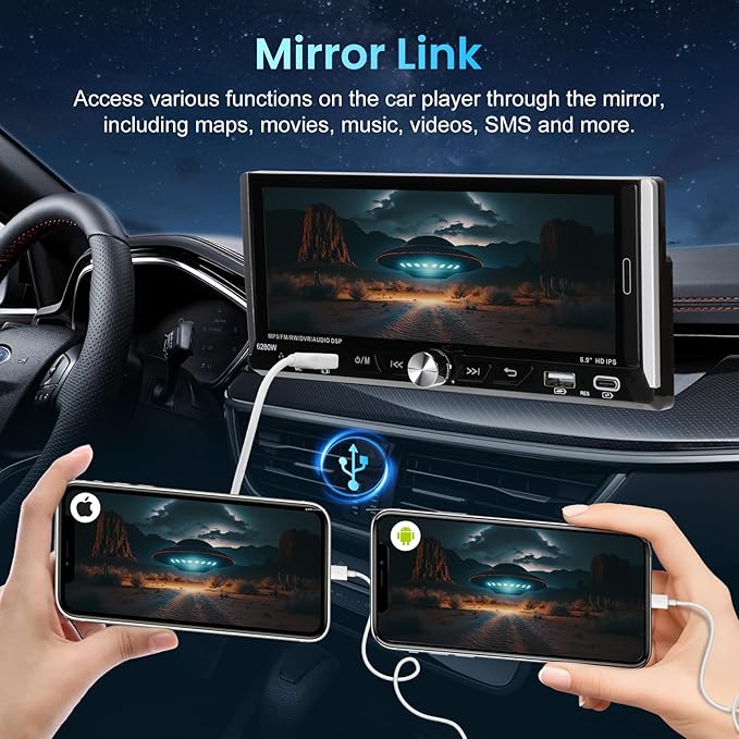 Single Din Car Stereo with Wireless Apple Carplay Android Auto, 6.9" IPS Touchscreen Car Stereo with Bluetooth 5.2 Handsfree Mirror Link Backup Camera GPS Navigation Dual USB Fast Charge FM AM EQ SWC