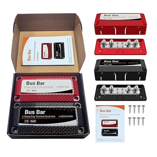 450A 48V DC Heavy Duty Bus Bar Kit, 2-Pack Positive & Negative Power Distribution Block with 5/16" (M8) Studs for Car RV Solar Panel Wiring Systems(Red 450A CXC01)