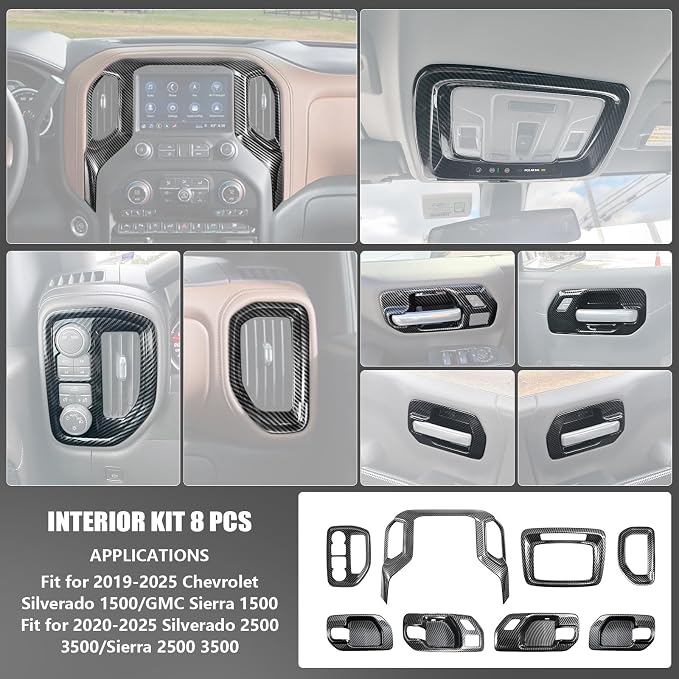 Central Control Dashboard Kit Compatible with 2019-2025 Chevy Silverado 1500 2500 3500, Fit for 2019-2025 GMC Sierra 1500 2500 3500 (Carbon Fiber Style)