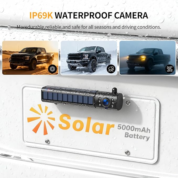 Solar Wireless Backup Camera with 5" 1080P Monitor,Auto On Off, 2-Min DIY Installation, 180° Adjustable Camera, Anti-Theft, Split Screen, IP69K Waterproof for Car Truck RV