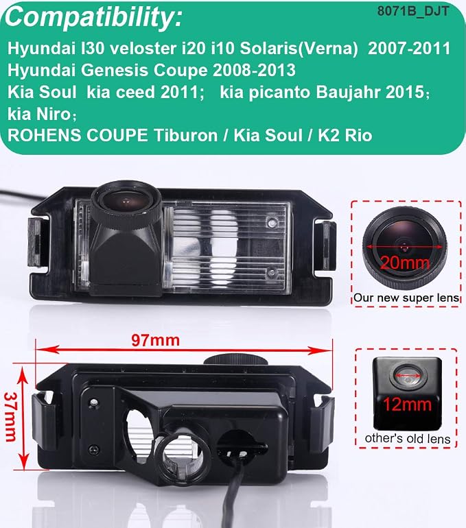 New 20mm Lens HD Auto reversing Camera, Great Wide Angle Night Vision Camera for Hyundai I30 Veloster i20 i10 Solaris/Genesis Coupe/Kia Soul kia ceed/Kia Picanto/Kia NIRO/Rohens Coupe Tiburon/Kia