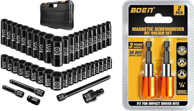 boen 45PCS 1/2” Drive Metric Socket Set + 2PCS Magnetic Drill Bit Holder
