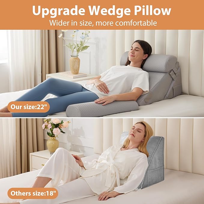 BIEEZZK 4PCS Wedge Pillow Set for After Surgery, Back Pillow for Bed Sitting up, 9&12inch Adjustable Memory Foam Bed Wedges, Pillow Wedge for Acid Reflux, Back Pain Relief, Snoring, Grey