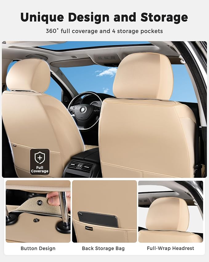 Huidasource Car Seat Covers Full Set, Leather Seat Cover Universal Fit for Most Cars Sedans SUVs Trucks, Airbag Compatible, Cup Holder Access, Easy Install, Wipes Clean, Wear-Resistant, Beige