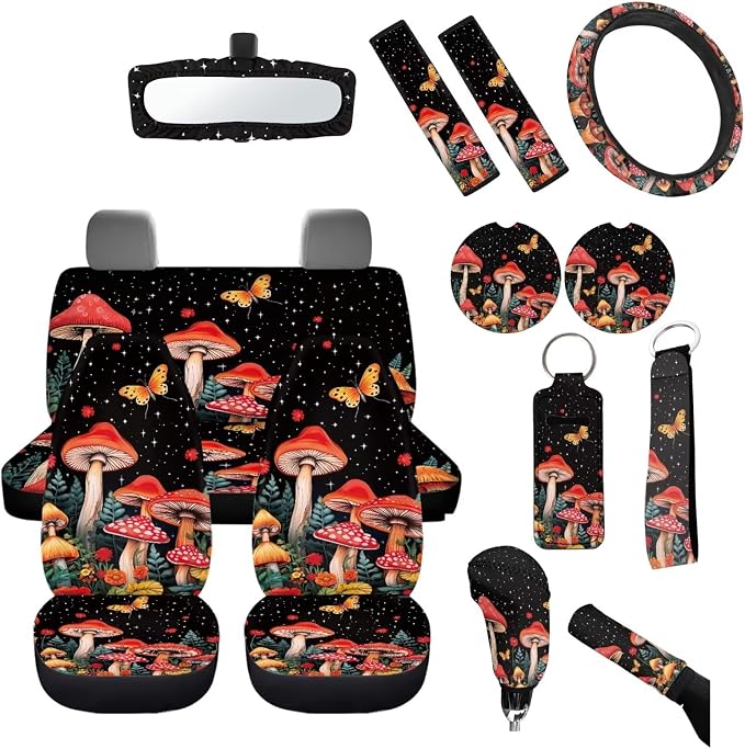 Universal Fit Mushroom Seat Covers for Car,Butterfly Flowers Wild Mushroom Car Coaster/15Inch Steering Wheel Cover/Seatbelt Pads/Keychain/Mirror Cover/Gear Shift Knob Handbreak Pads Accessory