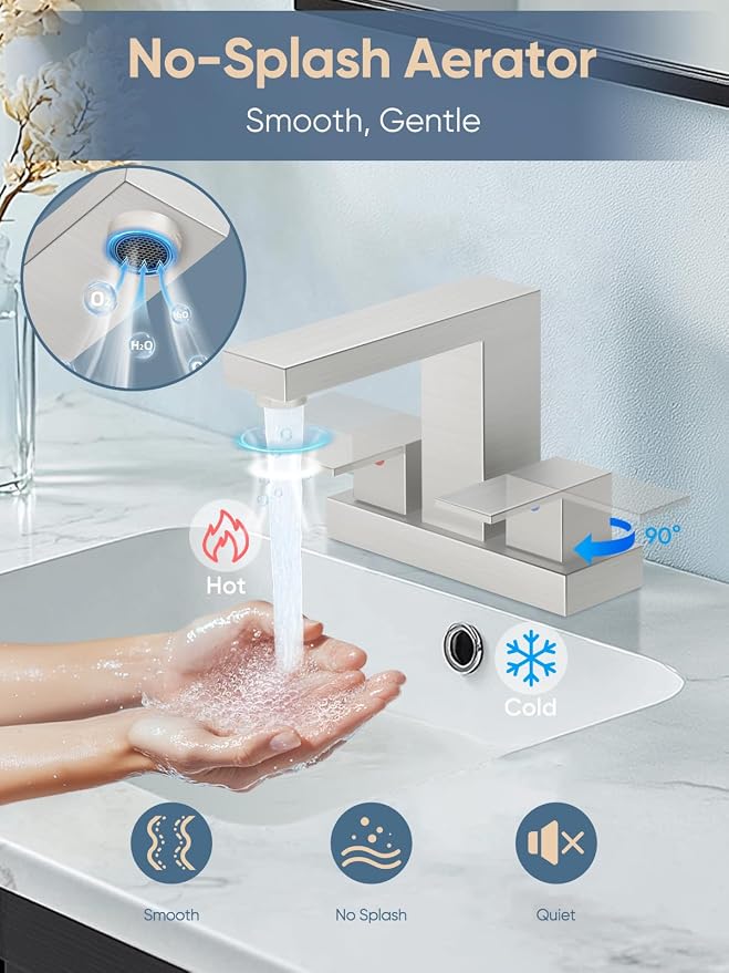 Cobbe Bathroom Faucets for Sink 3 Hole, Brushed Nickel Bathroom Sink Faucet Square 4 Inch Centerset with Pop-Up Drain, 2 Handle and 2 Supply Hoses, Lead-Free Stainless Steel for Vanity, Rv, Farmhouse