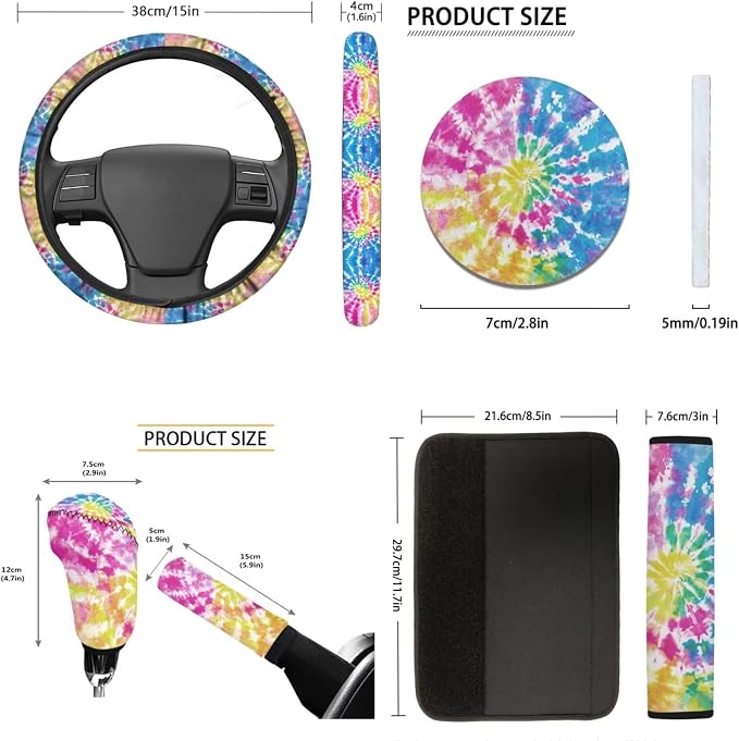 Tupalatus 9 Pcs Colorful Tie-Dye Car Seat Covers Front Seats Steering Wheel Cover Auto Seat Belt Cover Gear Shift Cover Hand Brake Cover Coasters for Cup Holders Universal Fit Car Accessories