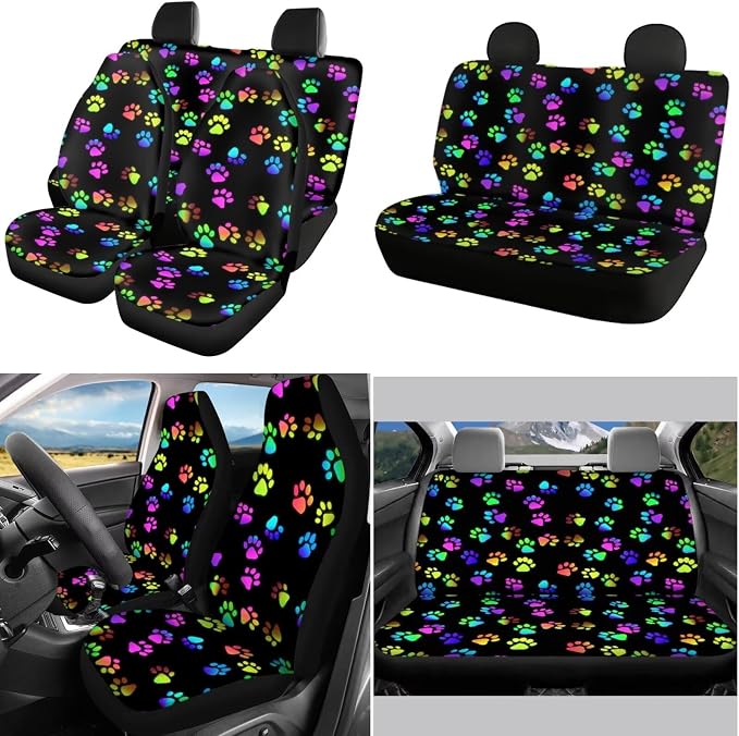 POLERO Colorful Dog Paws Car Seat Cover Sets 11pcs Cute Steering Wheel Cover Auto Seat Belt Shoulder Pads Cupholder Coasters Cute Keychains Full Set