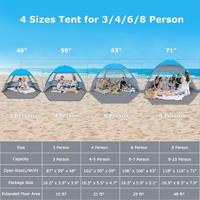 Venustas Beach Tent Sun Shelter for 3/4/6/8 Person, UPF 50+ UV Protection Beach Canopy, Lightweight and Easy Setup Cabana, Portable Shade Tent