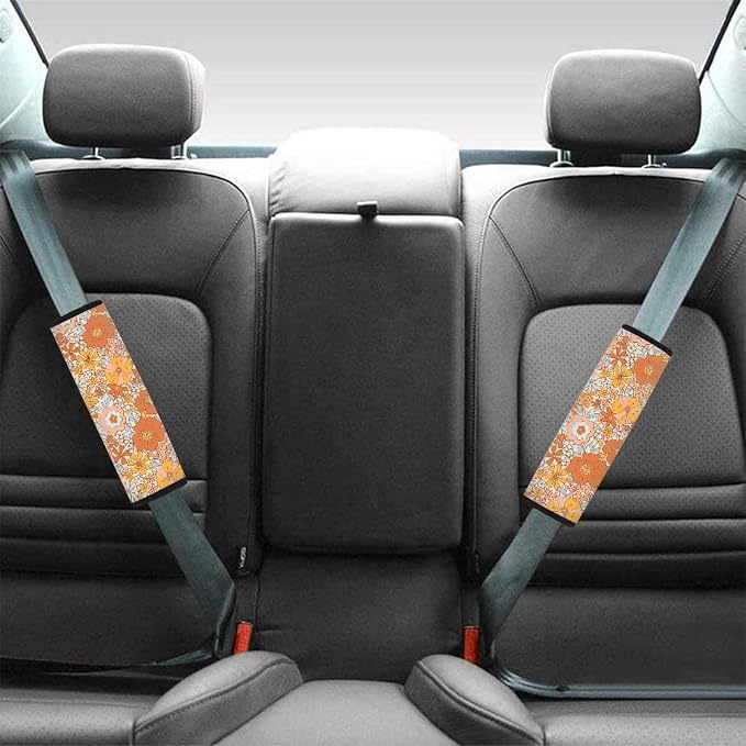 12 Piece Hippie Car Accessories Set Retro 70S Flower Auto Seat Covers Full Set 15Inch Steering Wheel Cover Seat Belt Cover Center Console Armrest Pad Keyring Cup Holder Pad for Vehicels