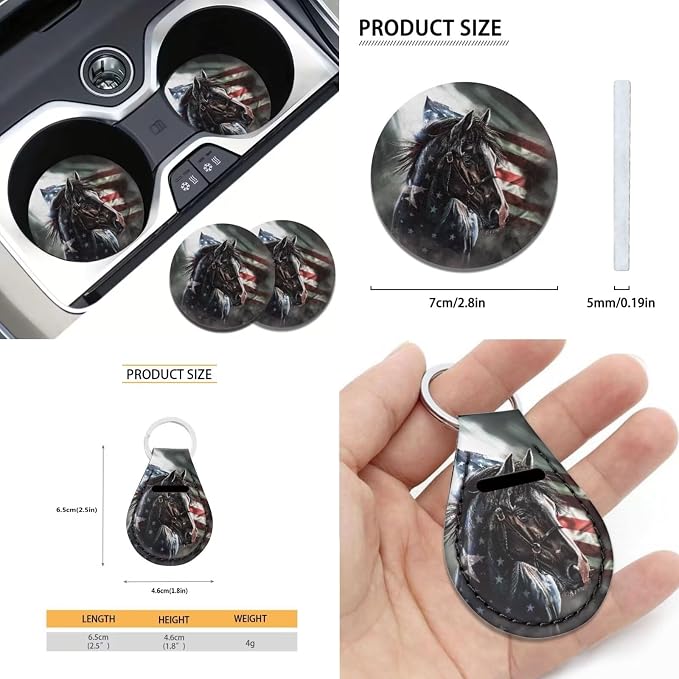 Suobstales Horse American Flag Print Car Accessories for Women Seat Covers Set with Universal Steering Wheel Cover Seatbelt Pads, Cup Holder Coasters, Keychain Fits SUV Trunk Sedan