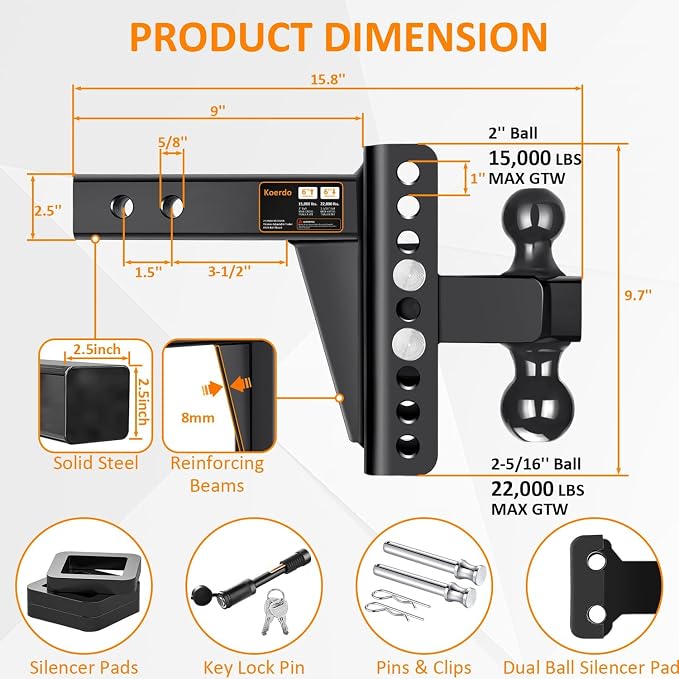 Adjustable Trailer Hitch Fits 2.5" Receiver, Drop Hitch & Tow Hitch with 6-Inch Drop/Rise, 2" & 2-5/16" Dual Ball Hitches for Trucks, 22,000 lbs GTW, Trailer Hitches with Anti-Theft Pin, Black