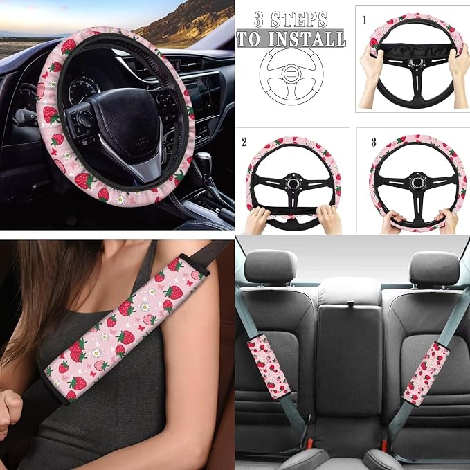 Tupalatus 9 Pcs Strawberry Floral Car Seat Covers 2 Front Seats with Steering Wheel Cover Auto Seat Belt Cover Coasters Gear Shift Cover Hand Brake Cover Washable Easy to Install Car Accessories