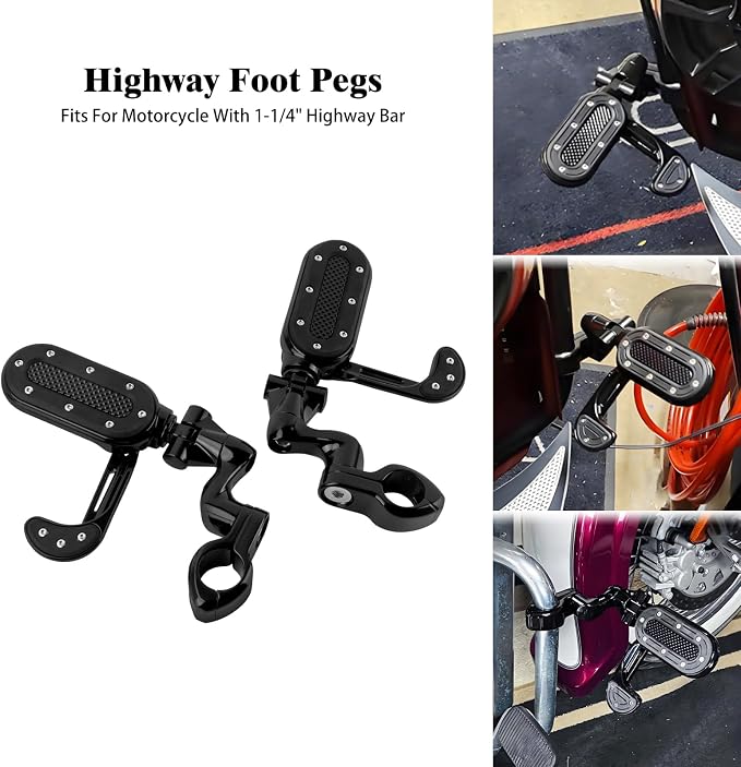 Motorcycle Highway Foot Pegs with Flip-out Heel Rests Fit for Harley Touring Road Glide Street Glide Road King Electra Glide Sportster, Highway 1.25" Engine Guard Foot Pegs Black