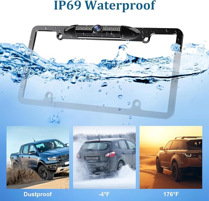 H9 License Plate Backup Camera HD Front Rear View Reverse Camera with 7 LED Night Vision 170 Degree Viewing Angle, Waterproof, for Cars