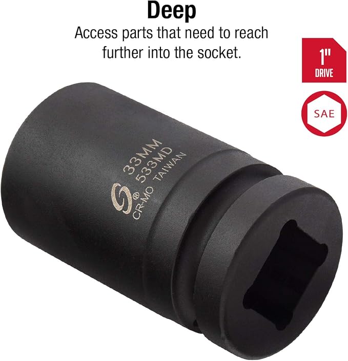 SUNEX TOOLS 533MD, 1 Inch Drive, 33mm Deep Impact Socket, Cr-Mo Steel & 5303, 1 Inch Drive, 1" Female x 3/4" Male Impact Adapter, Cr-Mo Steel, Ball Detent, Tapered Square