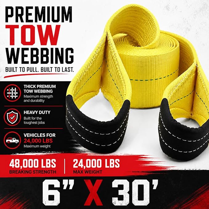 BoxerTool BXT Recovery Tow Straps 6" X 30' - 48,000LBS - Heavy Duty Reinforced Loops Emergency Off Road Towing Rope and Winch Extension - Box Truck - Commercial Vehicle - Off Road