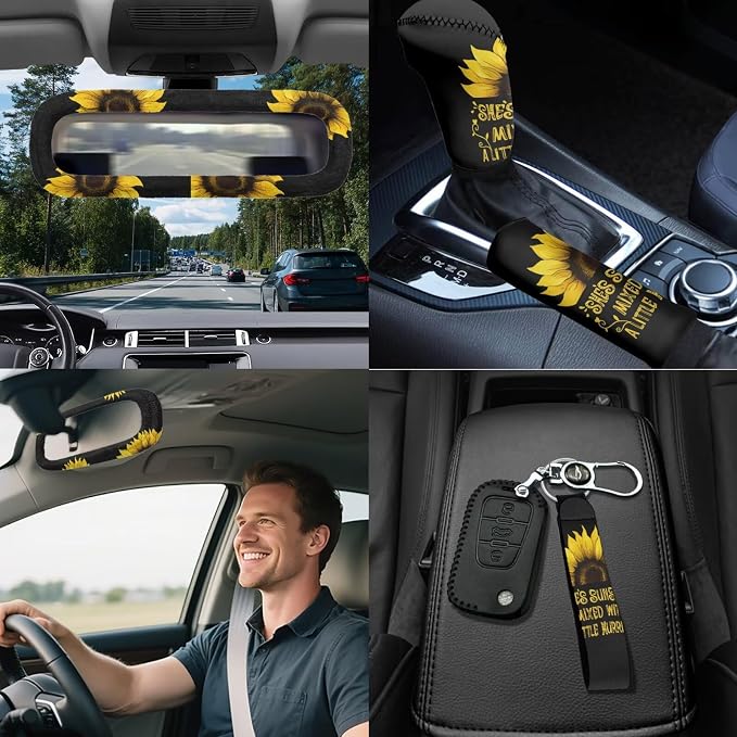 Sunflower Print Car Seat Covers Full Sets 18 Pieces Sunshine Sunflower Print Car Interior Accessories Sets with Steering Wheel Car Covers Car Headrest Covers Hanging Car Trash Can Belt Pads