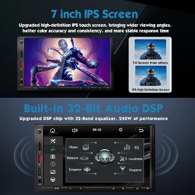 [Upgraded DSP & Hi-Fi Sound] 7'' Double Din Car Stereo, Wireless Apple CarPlay & Android Auto, 240W Peak Power Audio, 7 Inch HD Touchscreen, Bluetooth, Backup Camera, Pro Equalizer Sound Tuning
