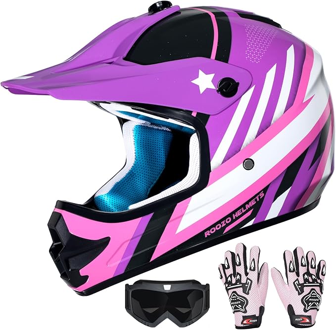 Youth Dirt Bike Helmet DOT Approved, Kids Motocross Full Face Helmet with Adjustable Goggles Riding Gloves & Storage Bag, Off-Road Sport Gear Set for Boys Girls ATV UTV