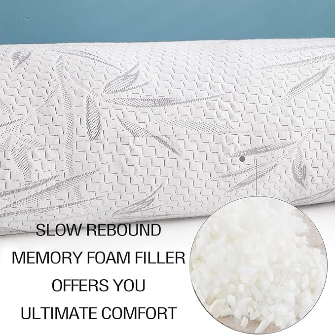WhatsBedding Memory Foam Body Pillow for Adults with Zipperd Rayon Derived from Bamboo Cover, Breathable Long Pillow for Side Sleeper, Shredded Memory Foam Stuffing, Grey Leaf