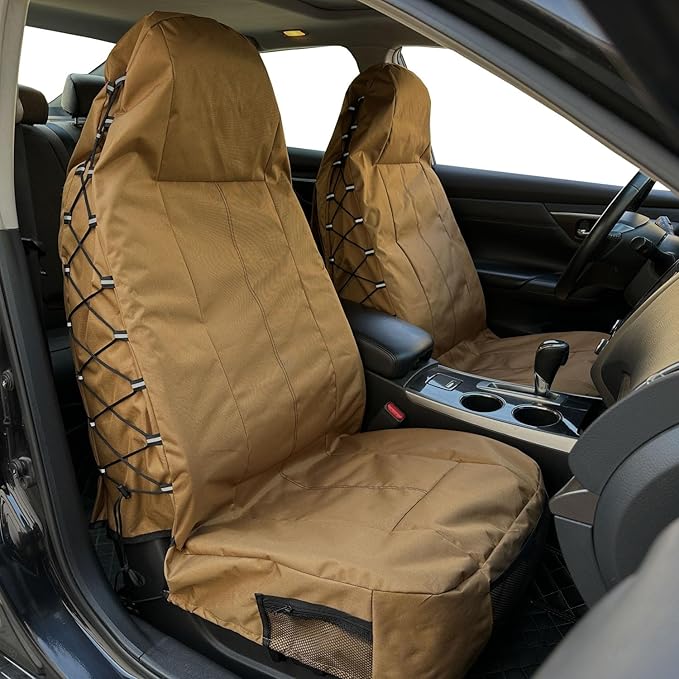 Tan Seat Covers for Cars Trucks SUV, Universal Canvas Tactical Multi-Pockets Organizers Rain Defender, Waterproof Seat Protectors Front Set (Tan)