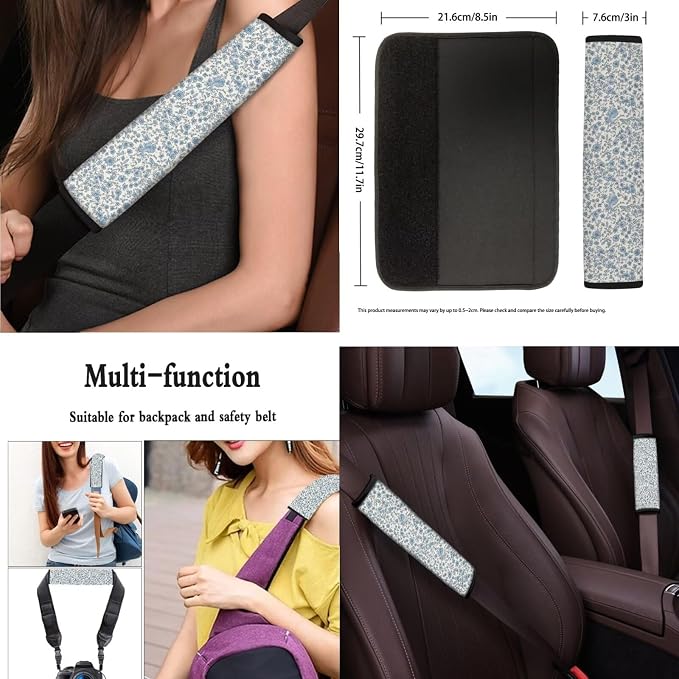 Blue Flower 13 PCS Car Seat Cover Classical Rural Blue Flower Set Seatbelt Pad Armrest Cushion Keychain Cup Holder Coaster Decor Hand Drawn Floral Accessory Fit Trucks SUV