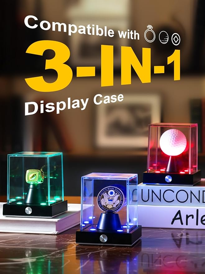 JupDec Cordless LED Golf Ball Display Case, Clear Acrylic Single Golf Ball Stand with 10 Color Light up, Autograph Cube Showcase with Memory Function, Ideal Gift for Sports Fans