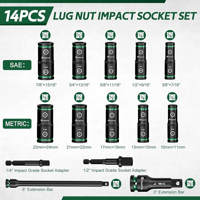Lug Nut Impact Socket Set, 14Pcs 1/2" & 1/4" Metric & SAE Socket Set, CR-MO Steel, 20-IN-10 Deep Flip Socket Set, Thin Wall Wheel Protector Nut Socket with Extension Bar & Adapter