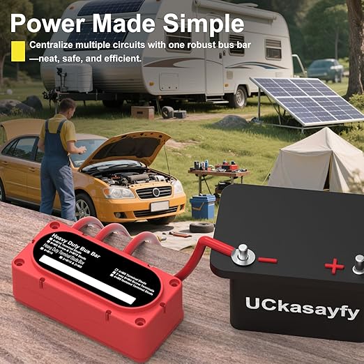 Heavy Duty Bus Bar 300A 12V Power Distribution Block with 5/16" (M8) 4-Posts Terminals Block with Cover for Automotive, Marine, Battery System(Red)