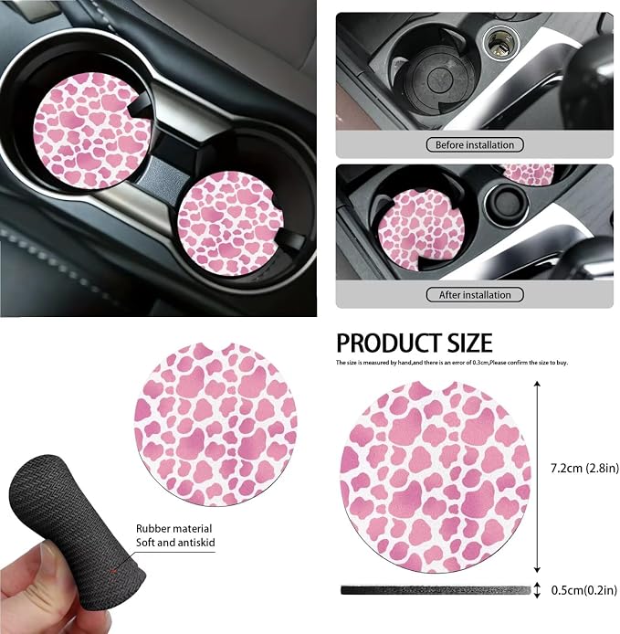 Cow Print Car Seat Covers Full Set with Steering Wheel Cover for Women Universal Auto Interior Accessories for Truck Sedan SUV Decorative Safety Belt Pads Cup Cushions, Pink