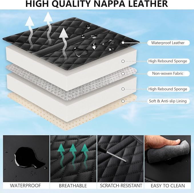 otoez Leather Car Seat Covers Full Set, Breathable Waterproof Nappa Leather Front Rear Car Seat Protectors with Lumbar Support, Universal Automotive Seat Covers for Cars SUV Truck Sedan (Black+White)