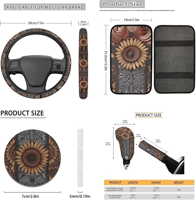 Lotusorchid Sunflower Print Car Seat Cover Set of 16, Anti-Dust Car Front Back Seat Covers and Gear Shift Knob Cover, Universal Fit Carseat Covers Combo Set for Man Women