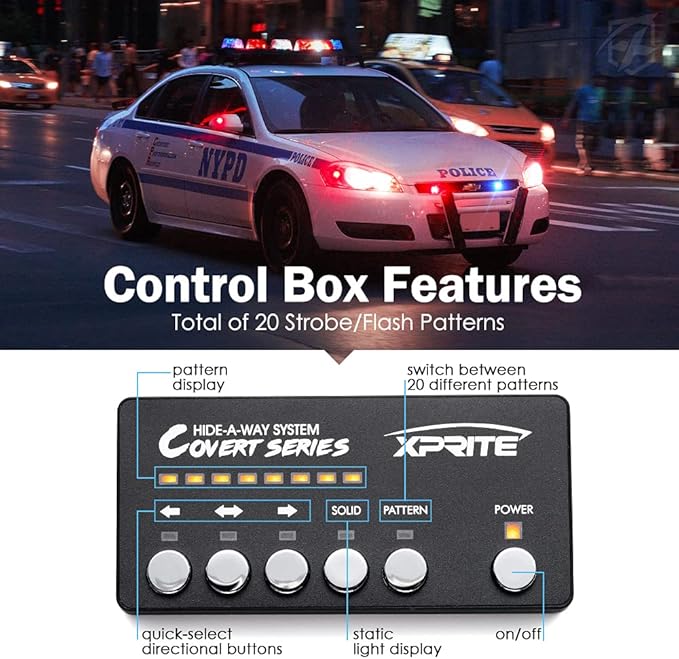 Xprite Red Blue LED Hideaway Strobe Police Lights Kit, 20 Flashing Patterns w/Control Panel for Headlights Taillights Hazard Warning Mounting, for Emergency Vehicles Volunteer Cop Cars Trucks 8PCS