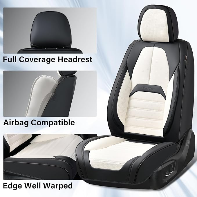 Coverado Car Seat Covers Full Set, Seat Covers for Cars, Automotive Seat Covers, Waterproof Nappa Leather Front Seats and Back Car Seat Protector, Universal Fit for Most Cars SUV Trucks,Black&White