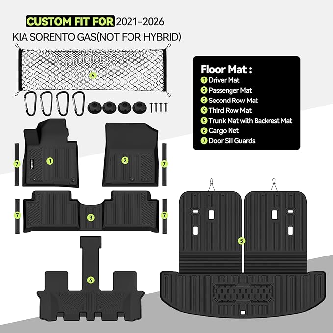 Tongama-Floor Mats for 2021-2026 Kia Sorento Gas(Not for Hybrid), All Weather TPE Trunk Mat with Backrest Mat Protectors and Cargo Net and Door Sill Guards for Kia Sorento Gas Floor Liner Accessories