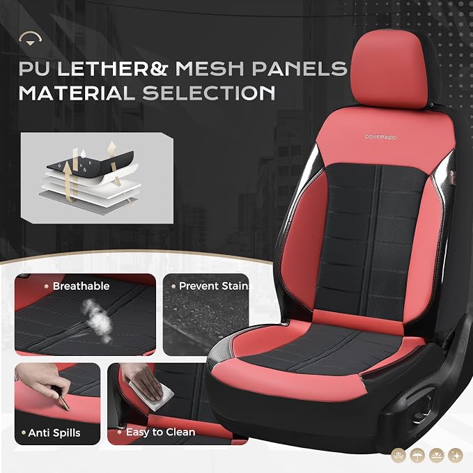 Coverado Seat Cover, Car Seat Cover Rear Seats, 3D Air Mesh Breathable Seat Protectors Sports Carbon Fiber Design Airbag Compatible Comfort Universal for Most Cars, Van,Trucks, SUV, Black&Wine