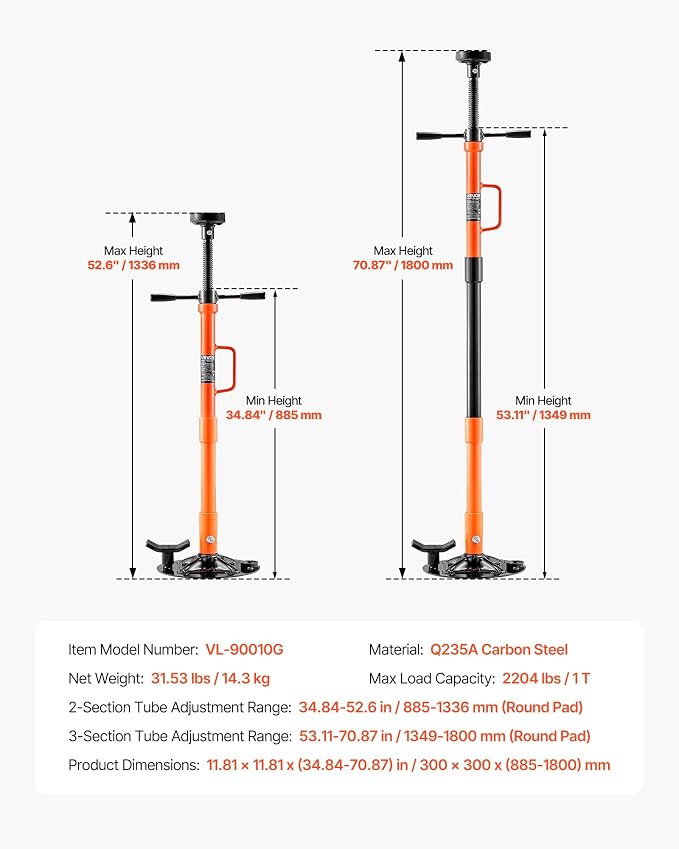 VEVOR Underhoist Support Stand, 1 Ton (2204 lbs) Capacity Under Hoist Jack Stand with Handle, Adjustable Height, Bearing Mounted Spin Handle, Self-Locking Threaded Screw, Support Vehicle Components