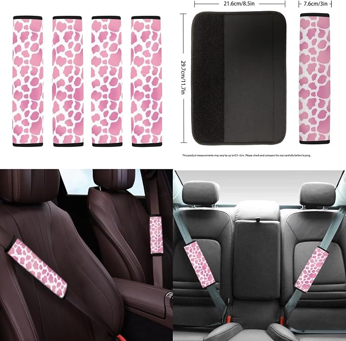 Pink Cow Print Car Seat Cover Set 18Pack 3D Print Headrest Protector Universal Steering Wheel Cover Seat Belt Pads Center Console Cushion Car Cup Holder Coaster and Keychain