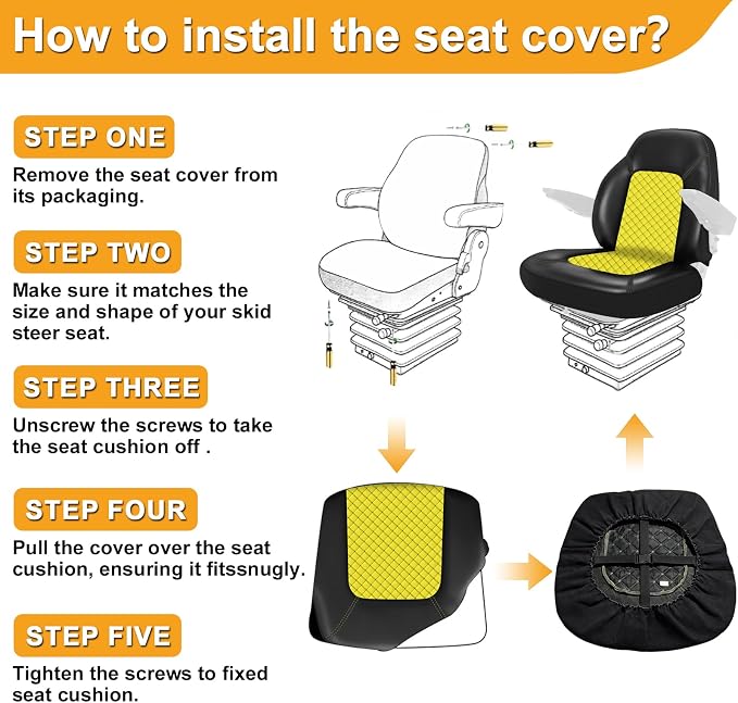 Industrial Vehicle Seat Cover for Skid Steer, Heavy Duty Leather Seat Cover, Compatible with John Deere, Caterpillar, Kubota, Bobcat, New Holland, Yellow