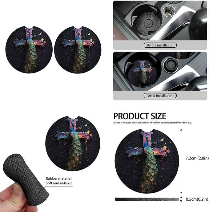 Peacock 13 Pcs Seat Covers Gothic Peacock Cross Full Set Non Slip and Soft Headrest Cover Car Aesthetics Colorful Cross Black Cup Pad Fit for Car,Truck,Van,SUV