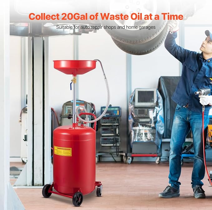 VEVOR 20-Gallon Waste Oil Drain Tank, Air Operated Portable Oil Drainer with Adjustable Funnel Height, Fluid Fuel Transfer Drainage with Wheels, Oil Change Container for Auto Repair Shops, Garages | Air Operated, Portable Oil Drainer, Adjustable Funnel...