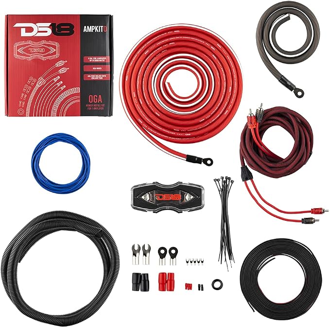 DS18 AMPKIT0 0 Gauge CCA Complete Amp Wiring Kit - Amplifier Install Wiring 1/0 Ga Amp Kit Pro Installation Cables Up to 3500 Watts with ANL Fuse Holder 250A
