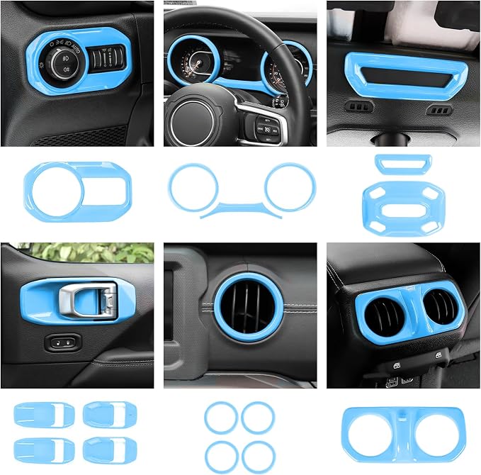21PCS Light Blue Interior Trim Kits Fit for 2018-2023 Jeep Wrangler JL JLU & Gladiator JT 4Door Interior Decor Accessories Dashboard AC Headlight Switch Roof Speaker Inner Door Bowl Steering Button