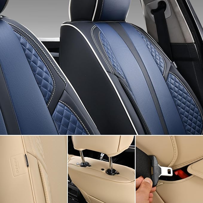 2-Seater Car Seat Covers Full Set Waterproof and Breathable Nappa Leather, Fit for Front Seats of Cars, Compatible with Airbags, Car Seat Protector Covers for Most Cars - Black Blue