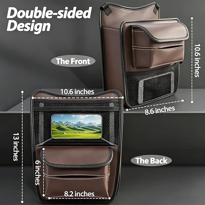 Car Organizer Storage Between Seats, Premium Leather Car Storage Bag Pocket Handbags Purse Holder with Tissue Box, Touch Screen Phone Holder, Console Front Seat Storage Barrier (Brown)