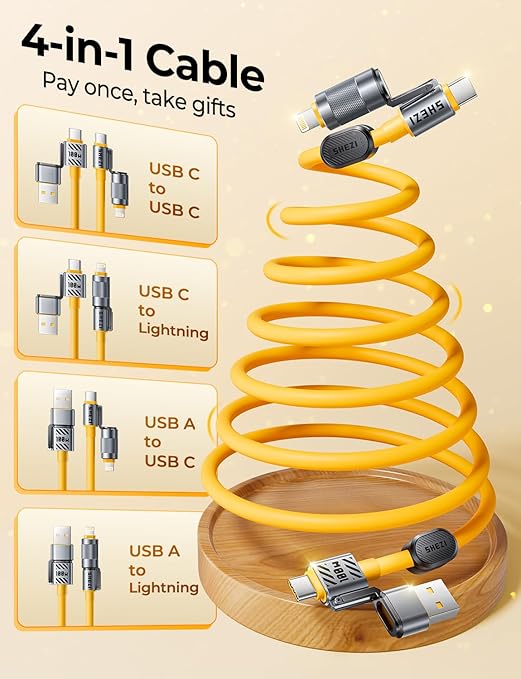Coiled Cable & Clip 4-in-1 USB C Cable 100W Compatible with Lightning Cable Fast Charging & Data Transfer, Support to CarPlay & Android Auto, 5FT Multi Cord Combo Charger for iPhone/iPad